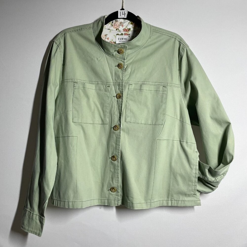 Curve Appeal Womens Sage Green Button-Up Cropped Utility Jacket Size XL